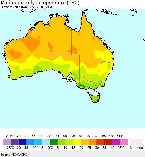 Australia Minimum Daily Temperature (CPC) Thematic Map For 2/12/2024 - 2/18/2024
