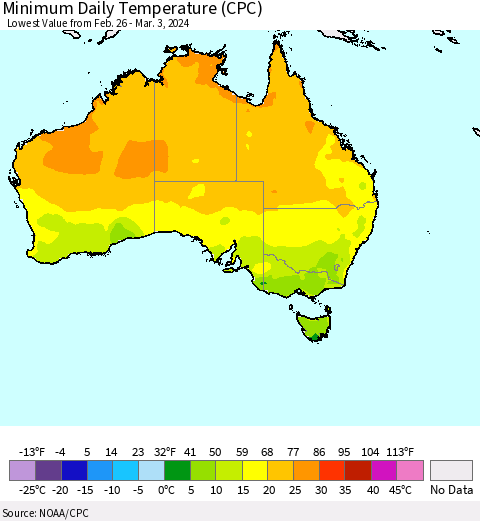 Australia Minimum Daily Temperature (CPC) Thematic Map For 2/26/2024 - 3/3/2024