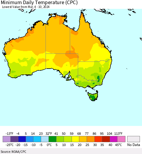 Australia Minimum Daily Temperature (CPC) Thematic Map For 3/4/2024 - 3/10/2024