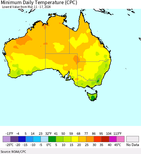 Australia Minimum Daily Temperature (CPC) Thematic Map For 3/11/2024 - 3/17/2024
