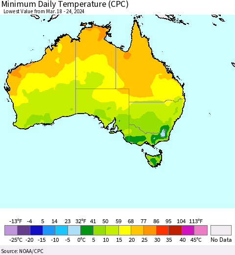 Australia Minimum Daily Temperature (CPC) Thematic Map For 3/18/2024 - 3/24/2024