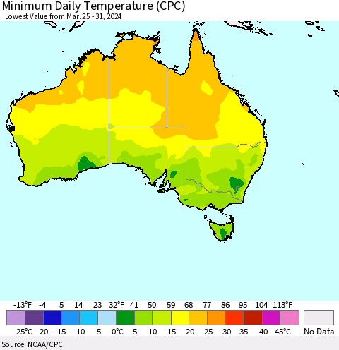 Australia Minimum Daily Temperature (CPC) Thematic Map For 3/25/2024 - 3/31/2024