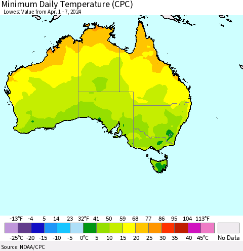Australia Minimum Daily Temperature (CPC) Thematic Map For 4/1/2024 - 4/7/2024