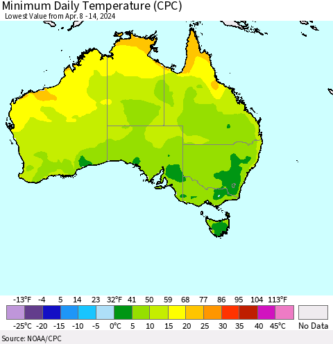 Australia Minimum Daily Temperature (CPC) Thematic Map For 4/8/2024 - 4/14/2024