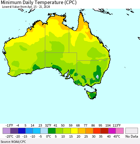Australia Minimum Daily Temperature (CPC) Thematic Map For 4/15/2024 - 4/21/2024