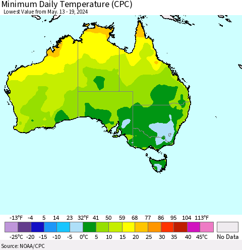 Australia Minimum Daily Temperature (CPC) Thematic Map For 5/13/2024 - 5/19/2024