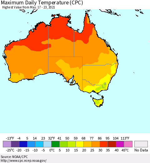 Australia Maximum Daily Temperature (CPC) Thematic Map For 5/17/2021 - 5/23/2021