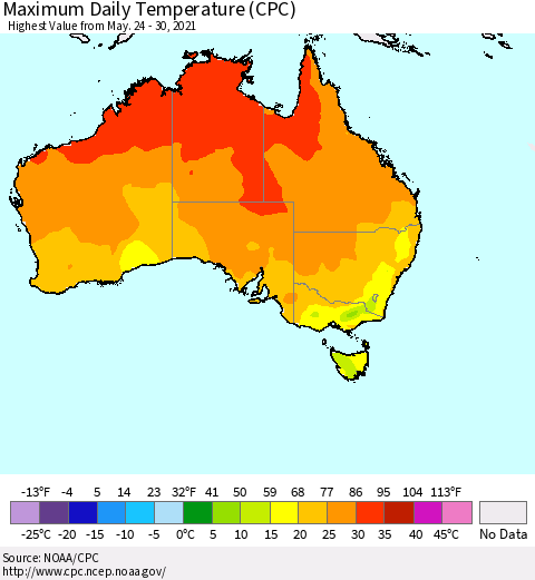Australia Maximum Daily Temperature (CPC) Thematic Map For 5/24/2021 - 5/30/2021