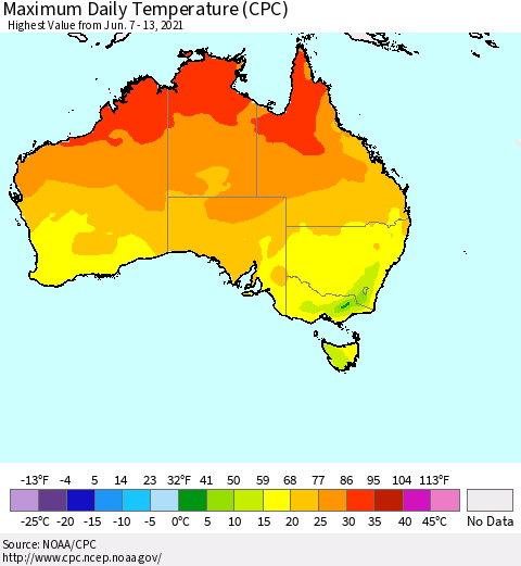 Australia Maximum Daily Temperature (CPC) Thematic Map For 6/7/2021 - 6/13/2021