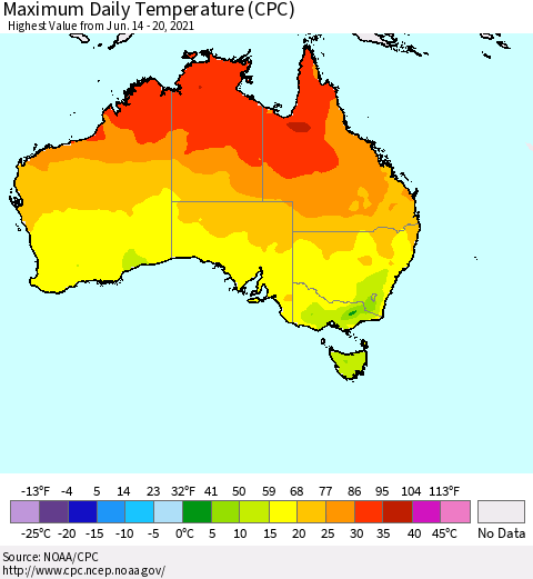 Australia Maximum Daily Temperature (CPC) Thematic Map For 6/14/2021 - 6/20/2021