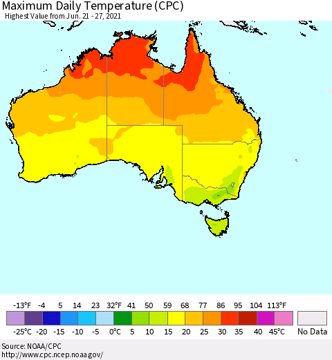Australia Maximum Daily Temperature (CPC) Thematic Map For 6/21/2021 - 6/27/2021