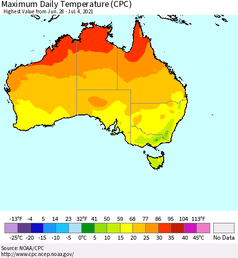 Australia Maximum Daily Temperature (CPC) Thematic Map For 6/28/2021 - 7/4/2021