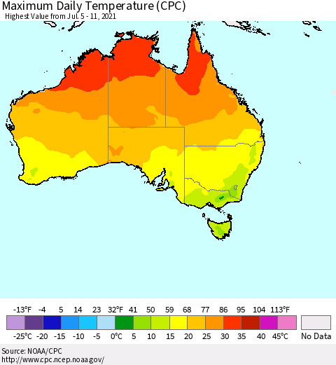 Australia Maximum Daily Temperature (CPC) Thematic Map For 7/5/2021 - 7/11/2021