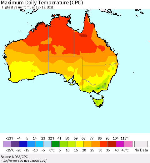Australia Maximum Daily Temperature (CPC) Thematic Map For 7/12/2021 - 7/18/2021