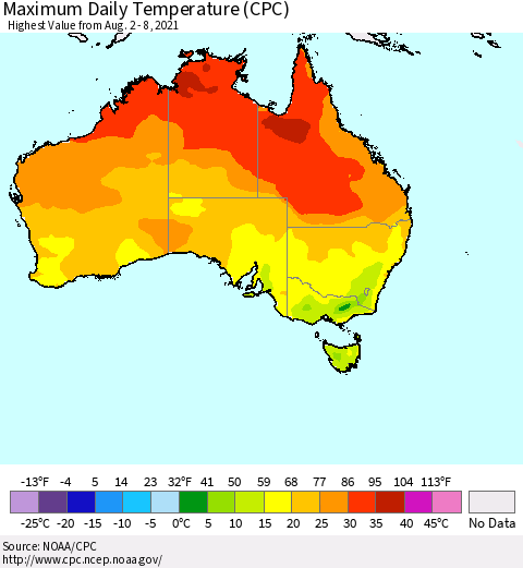 Australia Maximum Daily Temperature (CPC) Thematic Map For 8/2/2021 - 8/8/2021