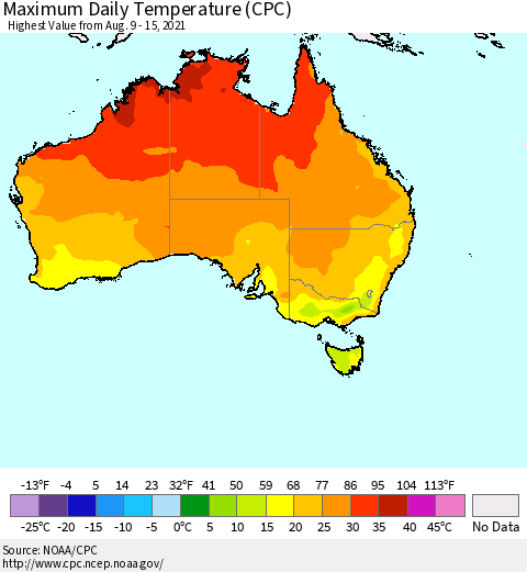 Australia Maximum Daily Temperature (CPC) Thematic Map For 8/9/2021 - 8/15/2021