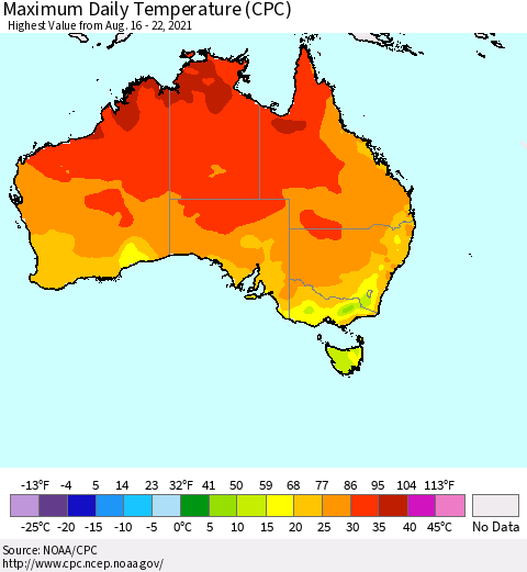 Australia Maximum Daily Temperature (CPC) Thematic Map For 8/16/2021 - 8/22/2021