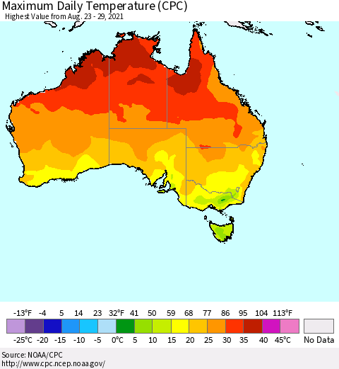Australia Maximum Daily Temperature (CPC) Thematic Map For 8/23/2021 - 8/29/2021