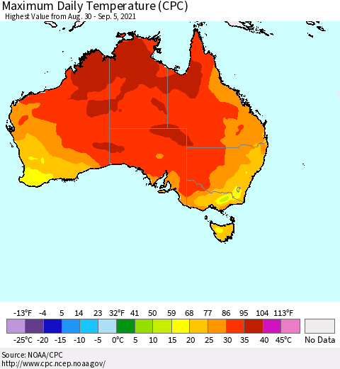 Australia Maximum Daily Temperature (CPC) Thematic Map For 8/30/2021 - 9/5/2021
