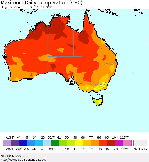Australia Maximum Daily Temperature (CPC) Thematic Map For 9/6/2021 - 9/12/2021