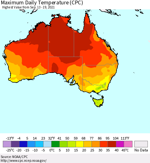 Australia Maximum Daily Temperature (CPC) Thematic Map For 9/13/2021 - 9/19/2021