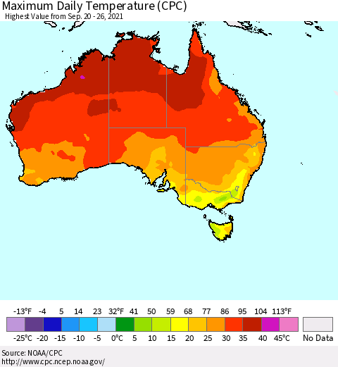 Australia Maximum Daily Temperature (CPC) Thematic Map For 9/20/2021 - 9/26/2021