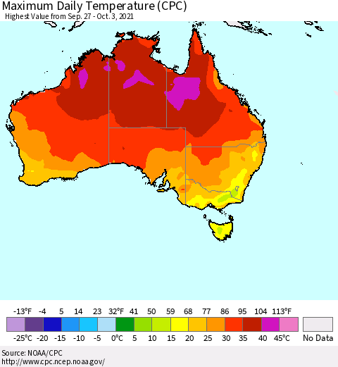 Australia Maximum Daily Temperature (CPC) Thematic Map For 9/27/2021 - 10/3/2021