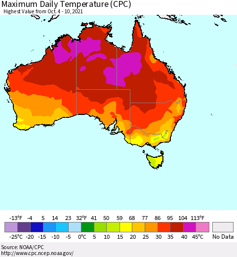 Australia Maximum Daily Temperature (CPC) Thematic Map For 10/4/2021 - 10/10/2021