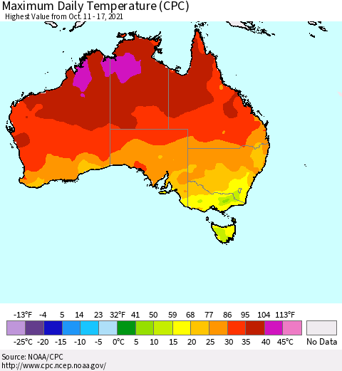 Australia Maximum Daily Temperature (CPC) Thematic Map For 10/11/2021 - 10/17/2021