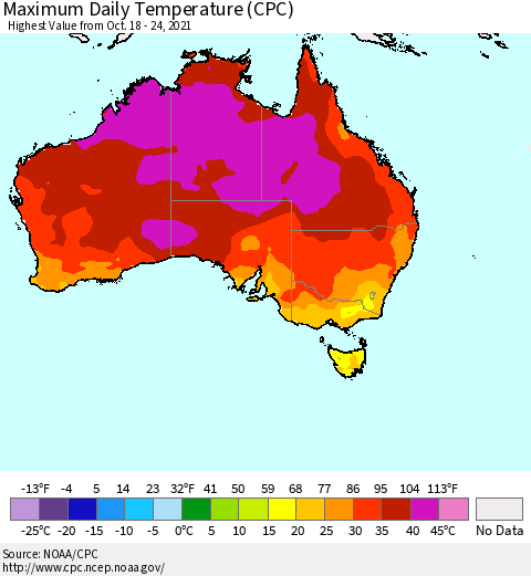 Australia Maximum Daily Temperature (CPC) Thematic Map For 10/18/2021 - 10/24/2021