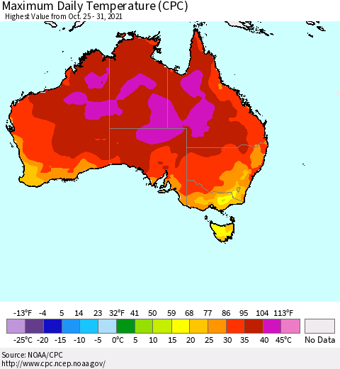 Australia Maximum Daily Temperature (CPC) Thematic Map For 10/25/2021 - 10/31/2021