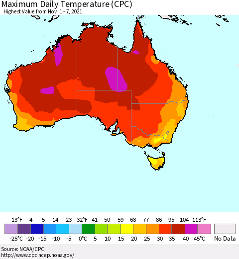 Australia Maximum Daily Temperature (CPC) Thematic Map For 11/1/2021 - 11/7/2021