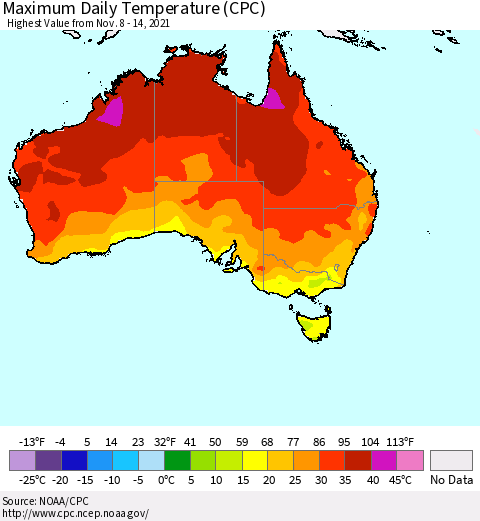 Australia Maximum Daily Temperature (CPC) Thematic Map For 11/8/2021 - 11/14/2021