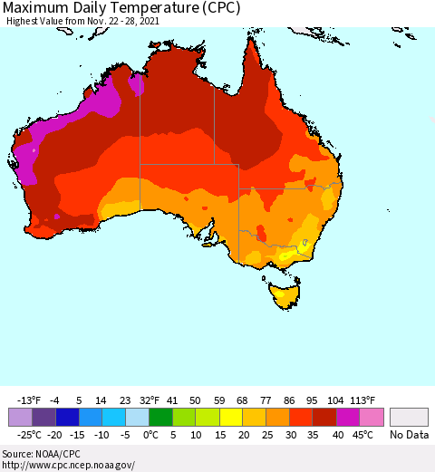 Australia Maximum Daily Temperature (CPC) Thematic Map For 11/22/2021 - 11/28/2021