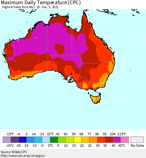 Australia Maximum Daily Temperature (CPC) Thematic Map For 11/29/2021 - 12/5/2021