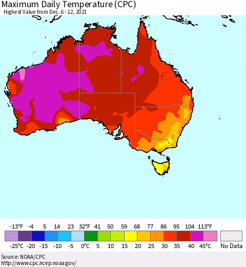 Australia Maximum Daily Temperature (CPC) Thematic Map For 12/6/2021 - 12/12/2021