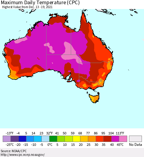Australia Maximum Daily Temperature (CPC) Thematic Map For 12/13/2021 - 12/19/2021