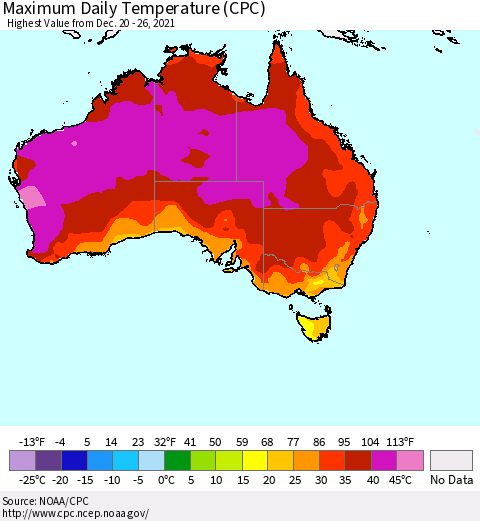 Australia Maximum Daily Temperature (CPC) Thematic Map For 12/20/2021 - 12/26/2021