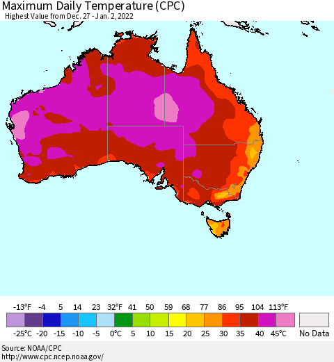 Australia Maximum Daily Temperature (CPC) Thematic Map For 12/27/2021 - 1/2/2022