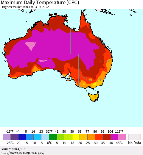 Australia Maximum Daily Temperature (CPC) Thematic Map For 1/3/2022 - 1/9/2022