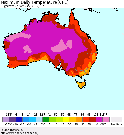Australia Maximum Daily Temperature (CPC) Thematic Map For 1/10/2022 - 1/16/2022