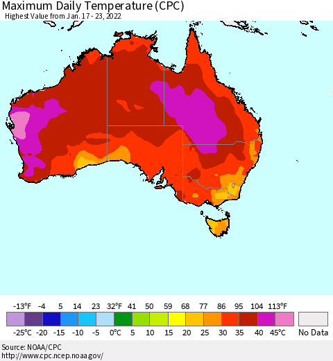 Australia Maximum Daily Temperature (CPC) Thematic Map For 1/17/2022 - 1/23/2022