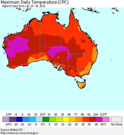 Australia Maximum Daily Temperature (CPC) Thematic Map For 1/24/2022 - 1/30/2022