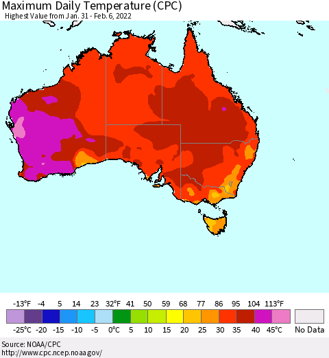 Australia Maximum Daily Temperature (CPC) Thematic Map For 1/31/2022 - 2/6/2022