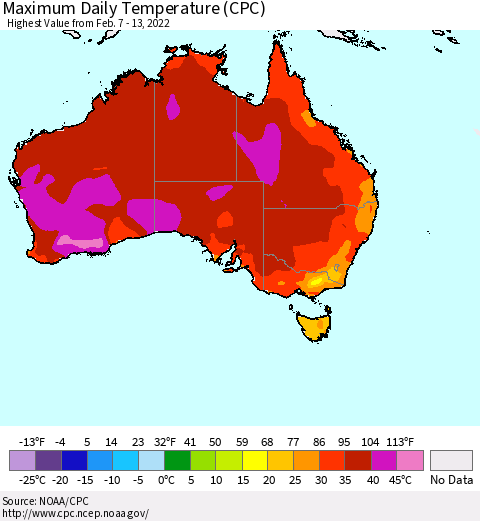 Australia Maximum Daily Temperature (CPC) Thematic Map For 2/7/2022 - 2/13/2022