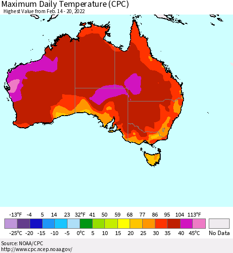 Australia Maximum Daily Temperature (CPC) Thematic Map For 2/14/2022 - 2/20/2022