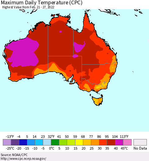 Australia Maximum Daily Temperature (CPC) Thematic Map For 2/21/2022 - 2/27/2022