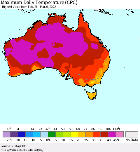 Australia Maximum Daily Temperature (CPC) Thematic Map For 2/28/2022 - 3/6/2022