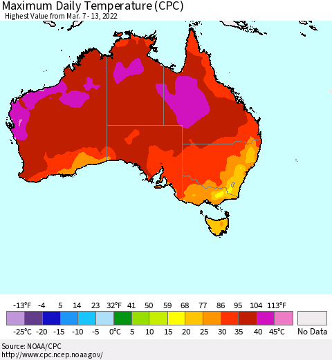 Australia Maximum Daily Temperature (CPC) Thematic Map For 3/7/2022 - 3/13/2022