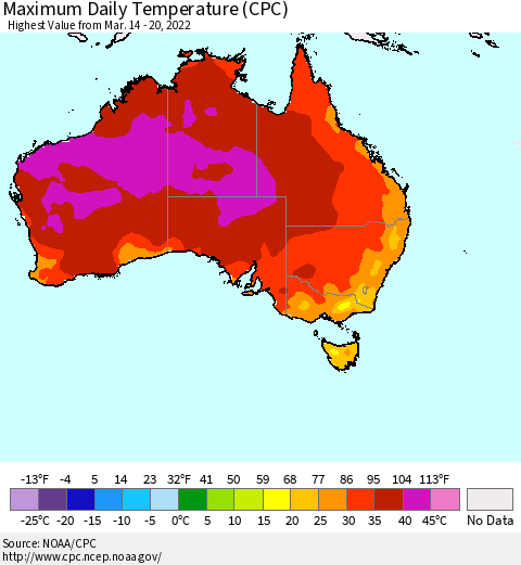 Australia Maximum Daily Temperature (CPC) Thematic Map For 3/14/2022 - 3/20/2022
